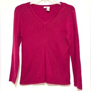 DKNY Long Sleeve V Neck Knit Ribbed Magenta Shirt Top Blouse L